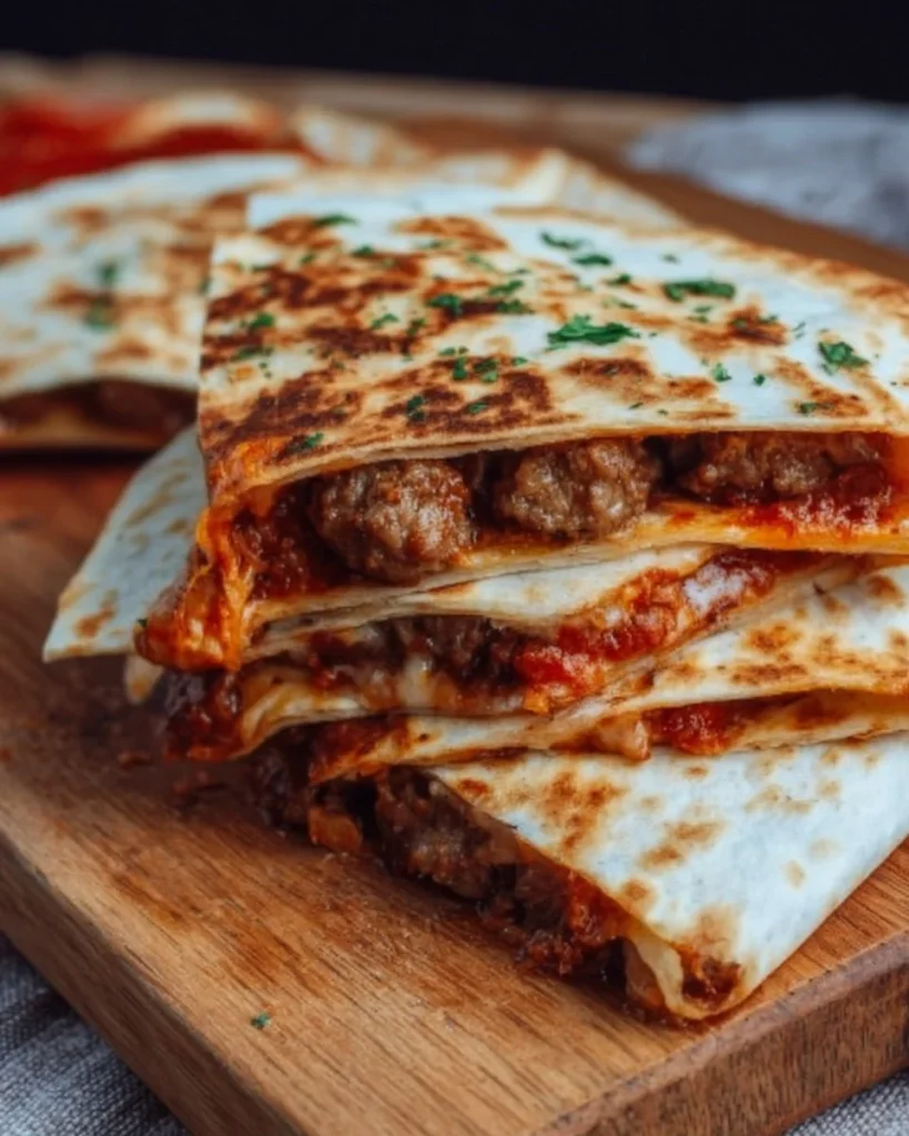 Delicious meatball quesadillas served with salsa and cheese melt