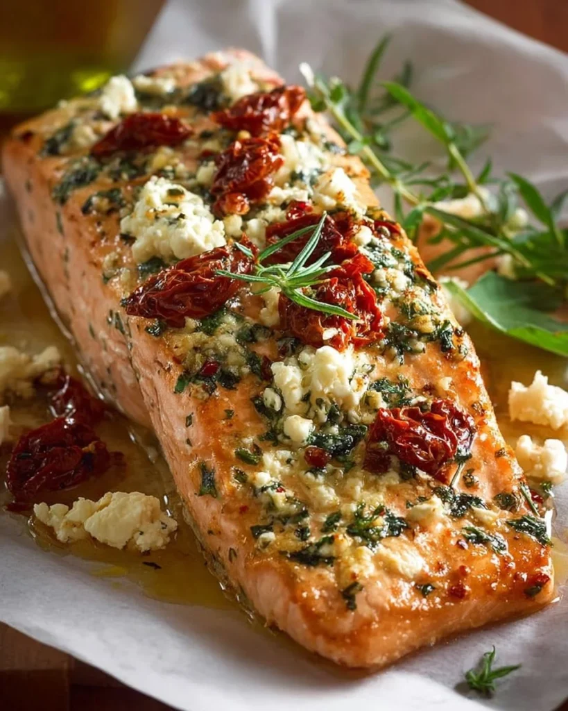 Mediterranean baked salmon topped with feta and sun-dried tomatoes