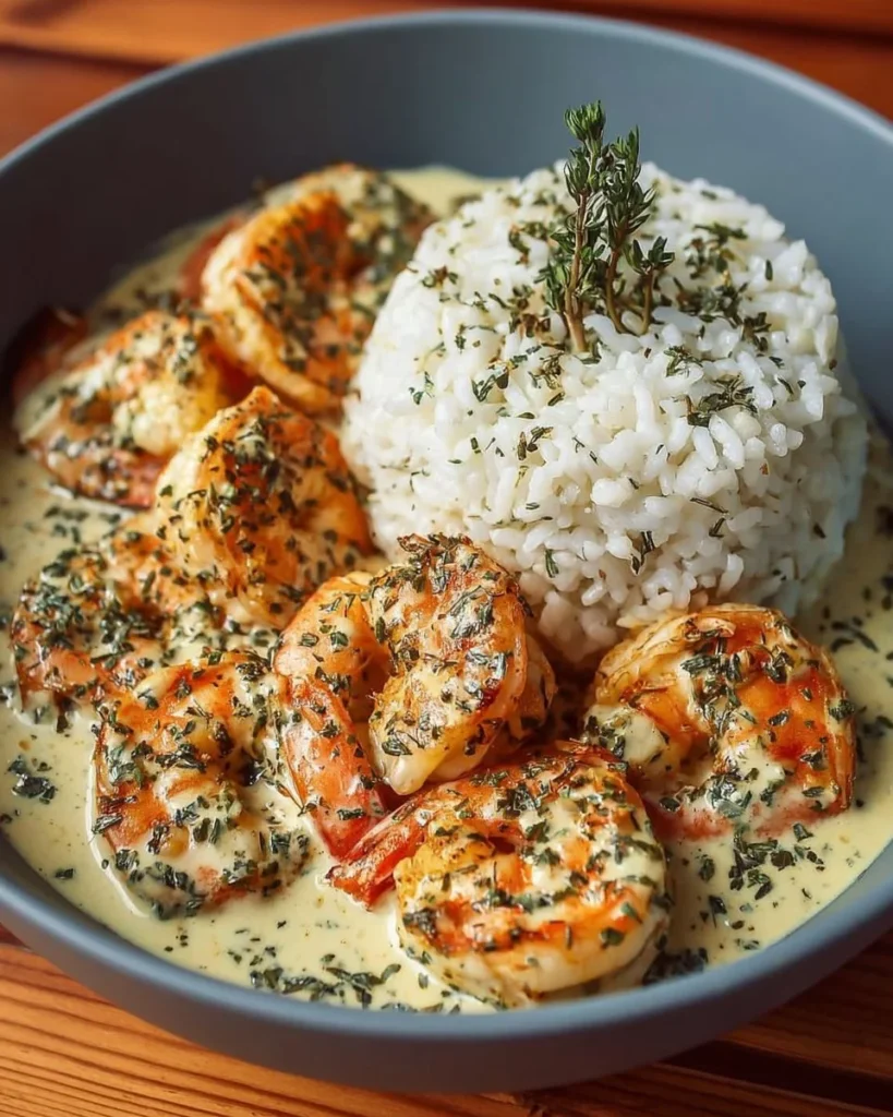 Mediterranean creamy garlic butter shrimp bowl with herb rice