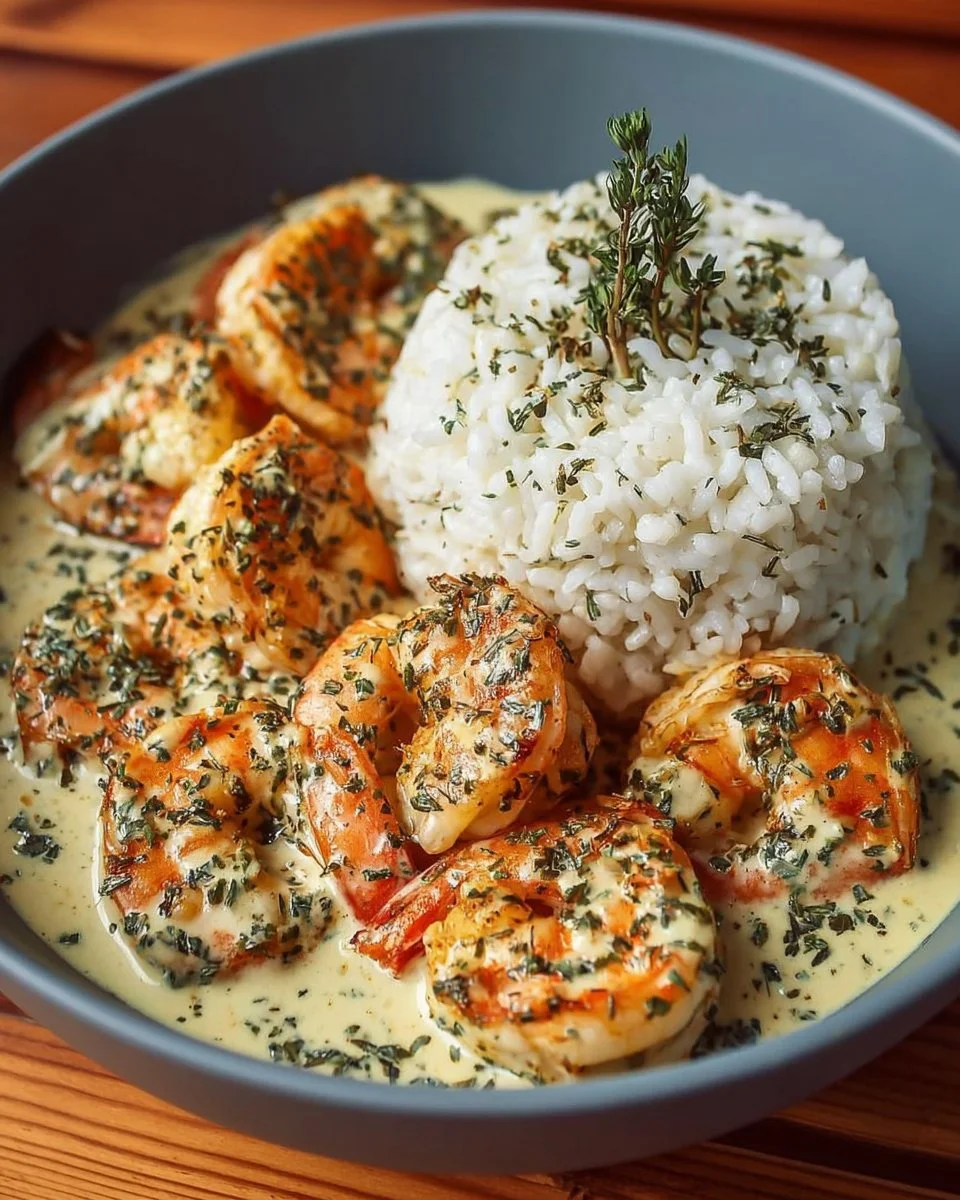 Mediterranean creamy garlic butter shrimp bowl with herb rice