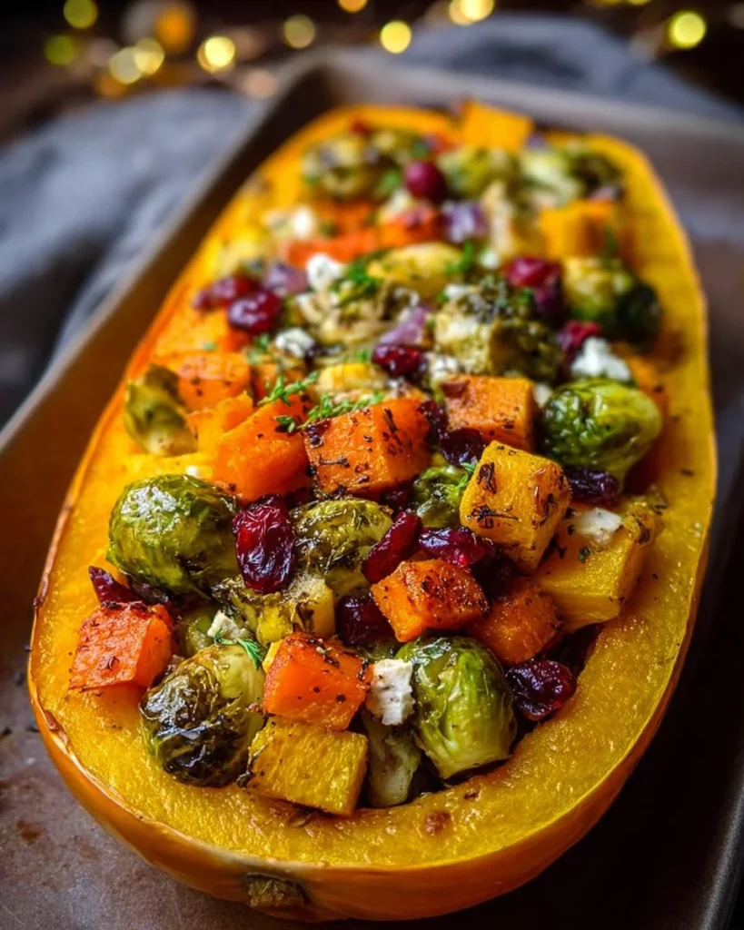Mediterranean honey roasted butternut squash with Brussels sprouts on a plate