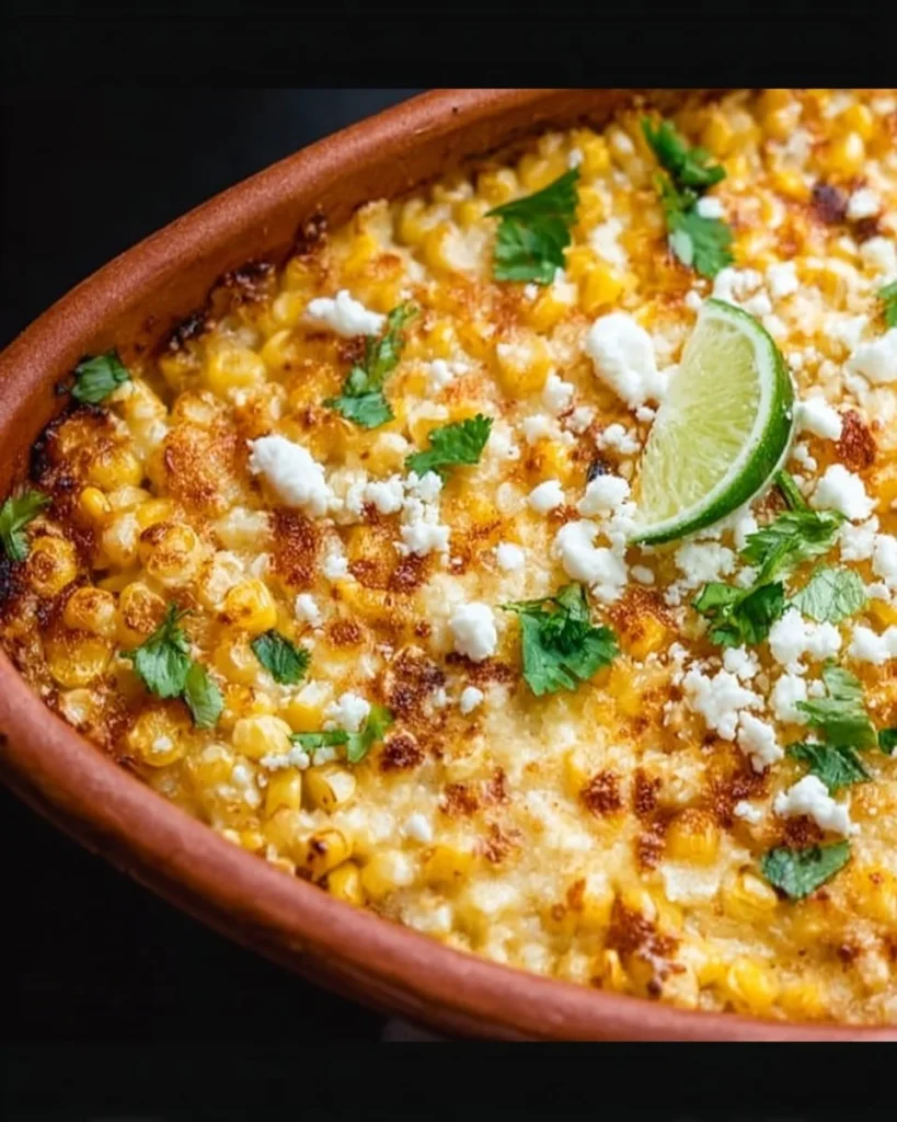 Baked Mexican street corn casserole topped with cheese and herbs