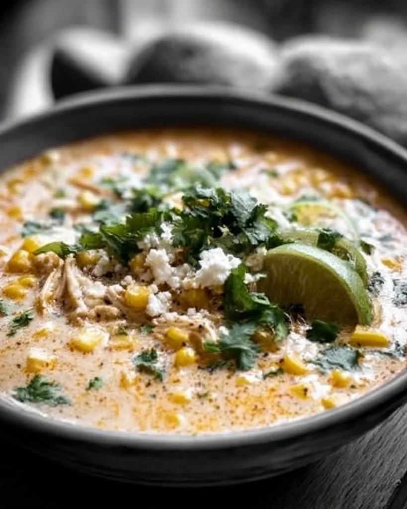 Bowl of Mexican street corn chowder with fresh toppings