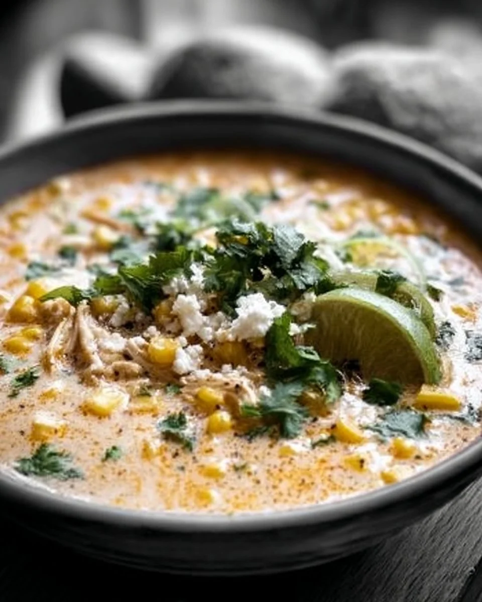 Bowl of Mexican street corn chowder with fresh toppings