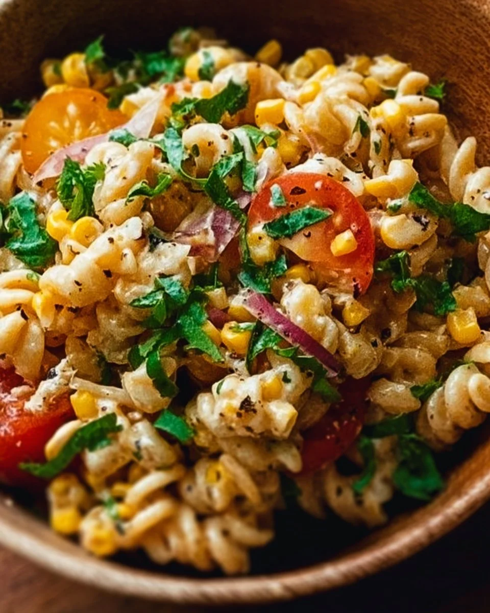 Colorful Mexican Street Corn Pasta Salad with fresh ingredients