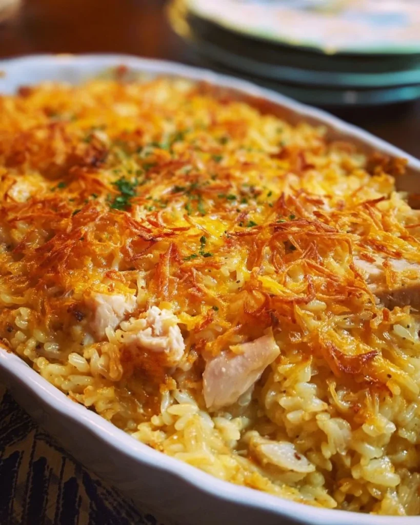 Delicious Million Dollar Chicken Rice-A-Roni Casserole served in a baking dish