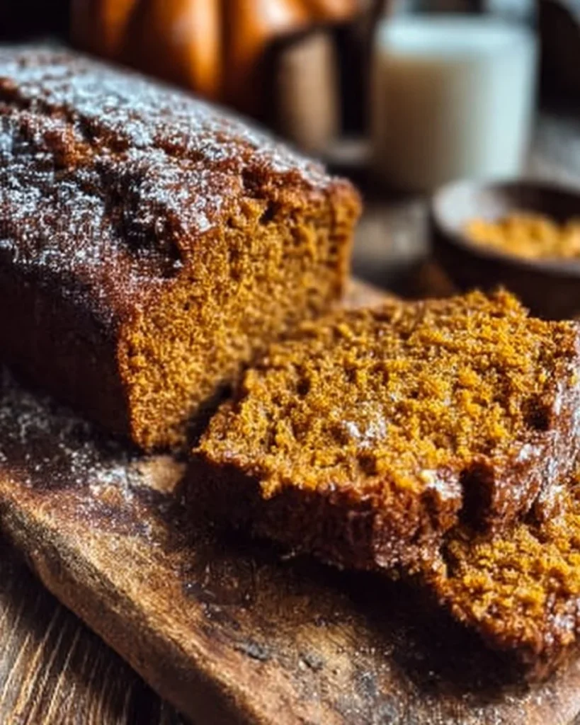 Homemade gluten-free pumpkin bread sliced, showcasing its moist texture and rich color.