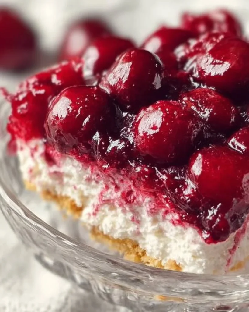No-Bake Cherry Yum Yum dessert with cherry topping and creamy layers