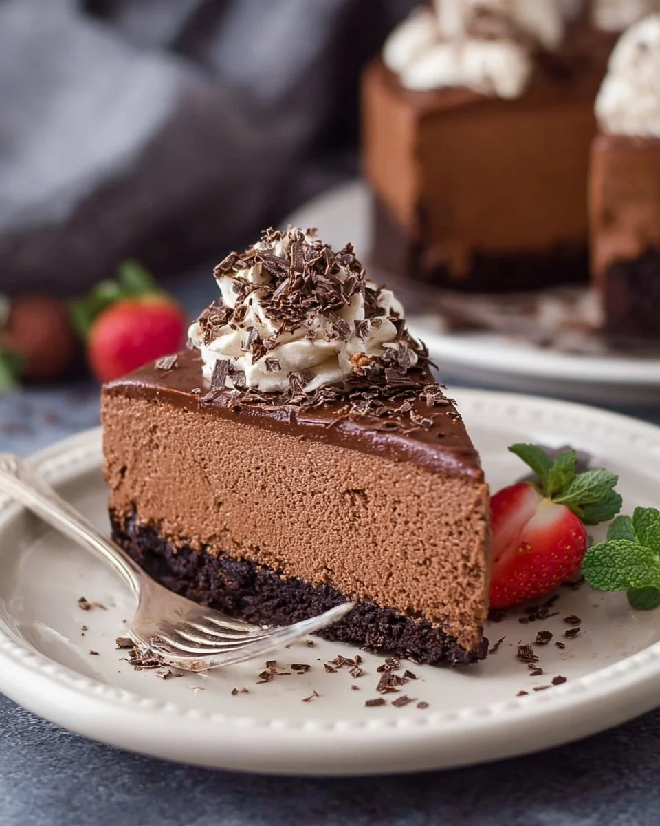 Delicious no bake chocolate cheesecake topped with chocolate drizzle