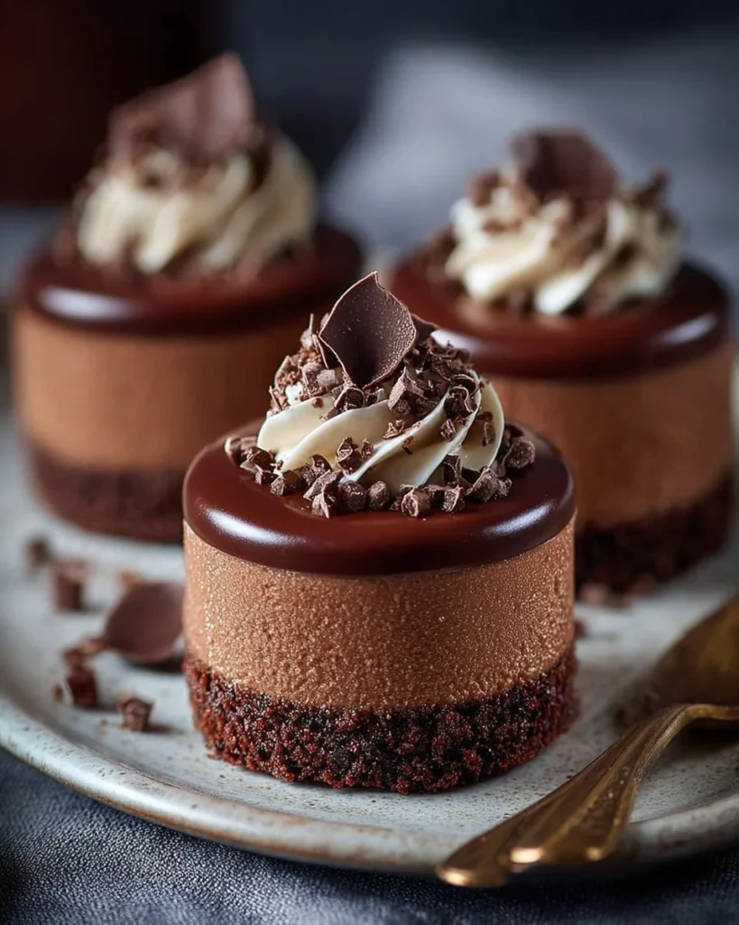 Delicious no-bake mini chocolate cheesecakes served on a dessert plate.