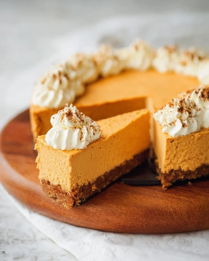 No Bake Pumpkin Cheesecake topped with whipped cream and spices