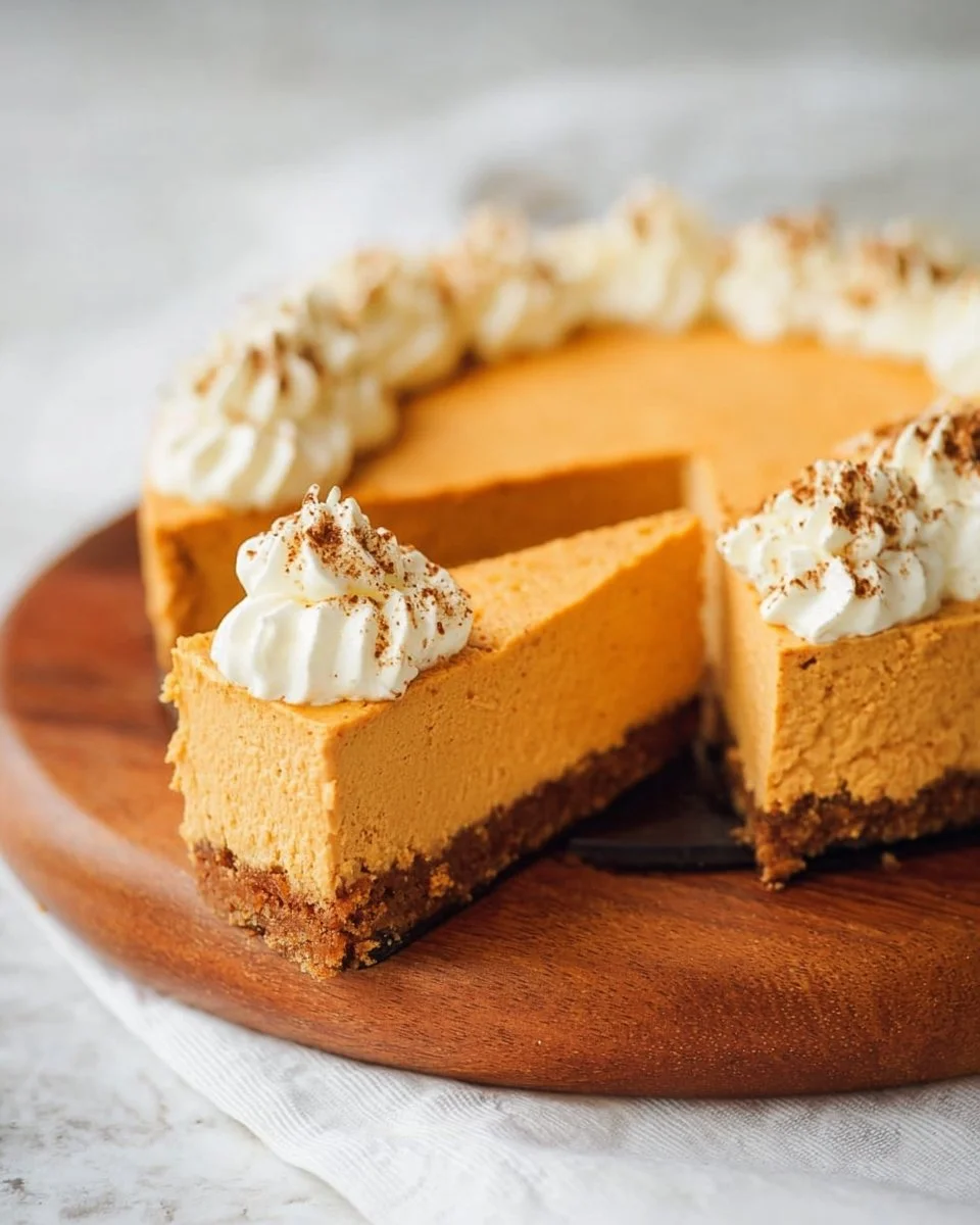 No Bake Pumpkin Cheesecake topped with whipped cream and spices