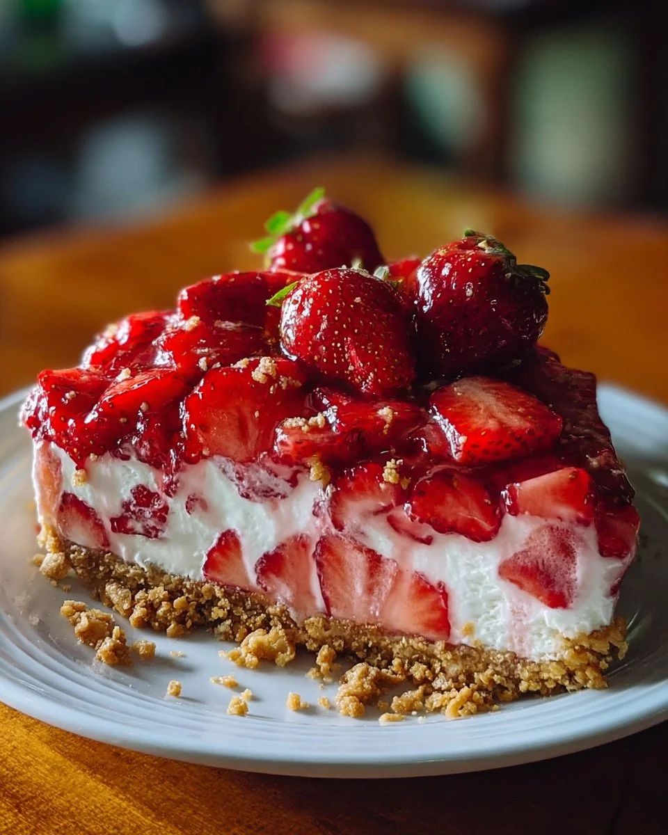 No-Bake Strawberry Crunch Cheesecake with fresh strawberries and crumbly crust