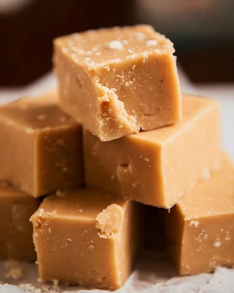Delicious old fashioned peanut butter fudge squares on a plate