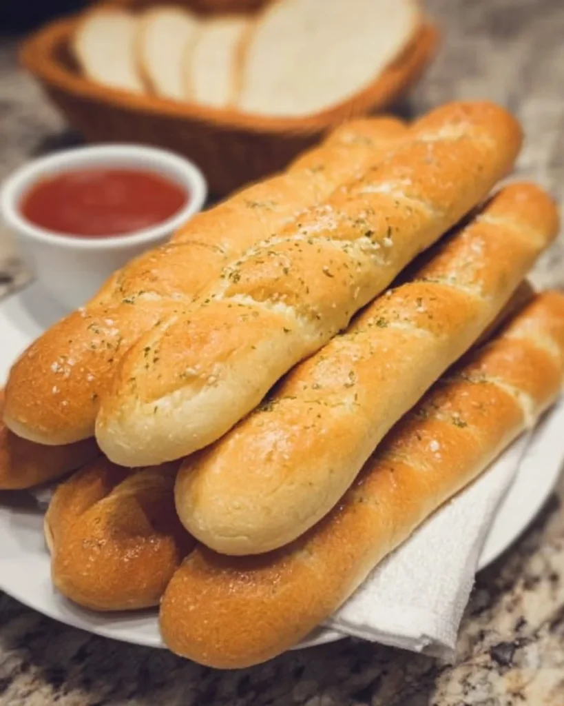 Freshly baked Olive Garden breadsticks served with garlic butter and marinara sauce