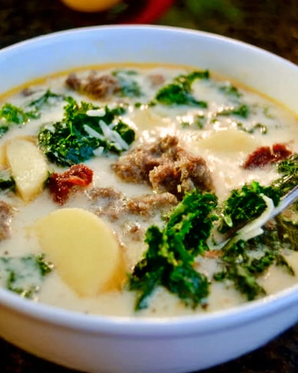 Bowl of Olive Garden Toscana Soup with sausage, potatoes, and kale
