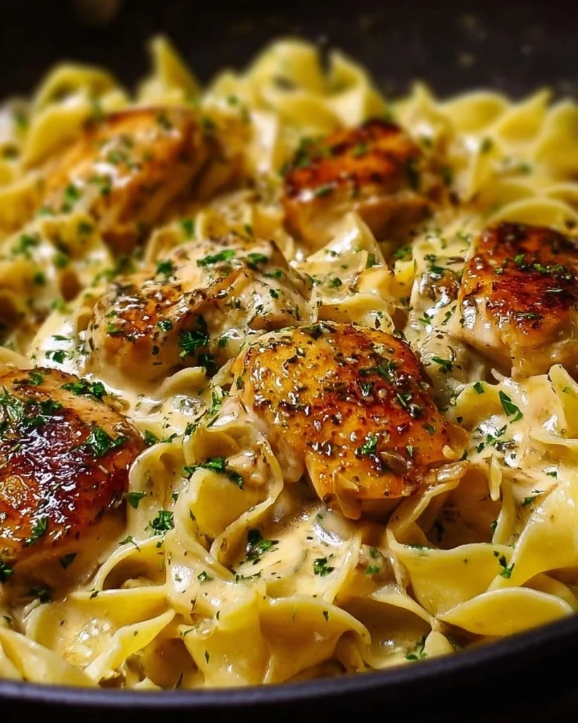 One-Pan Creamy Garlic Butter Chicken with Egg Noodles dish