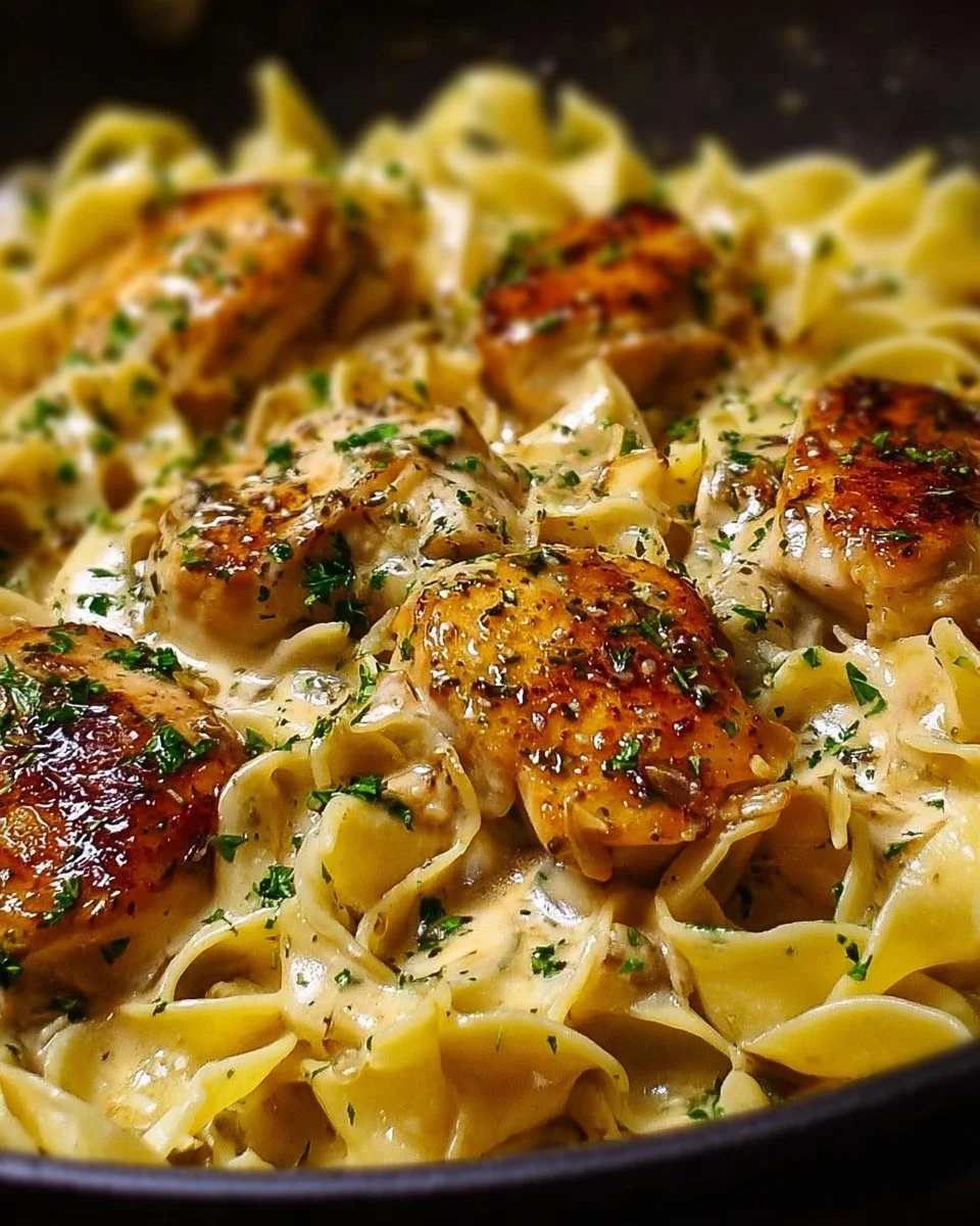 One-Pan Creamy Garlic Butter Chicken with Egg Noodles dish