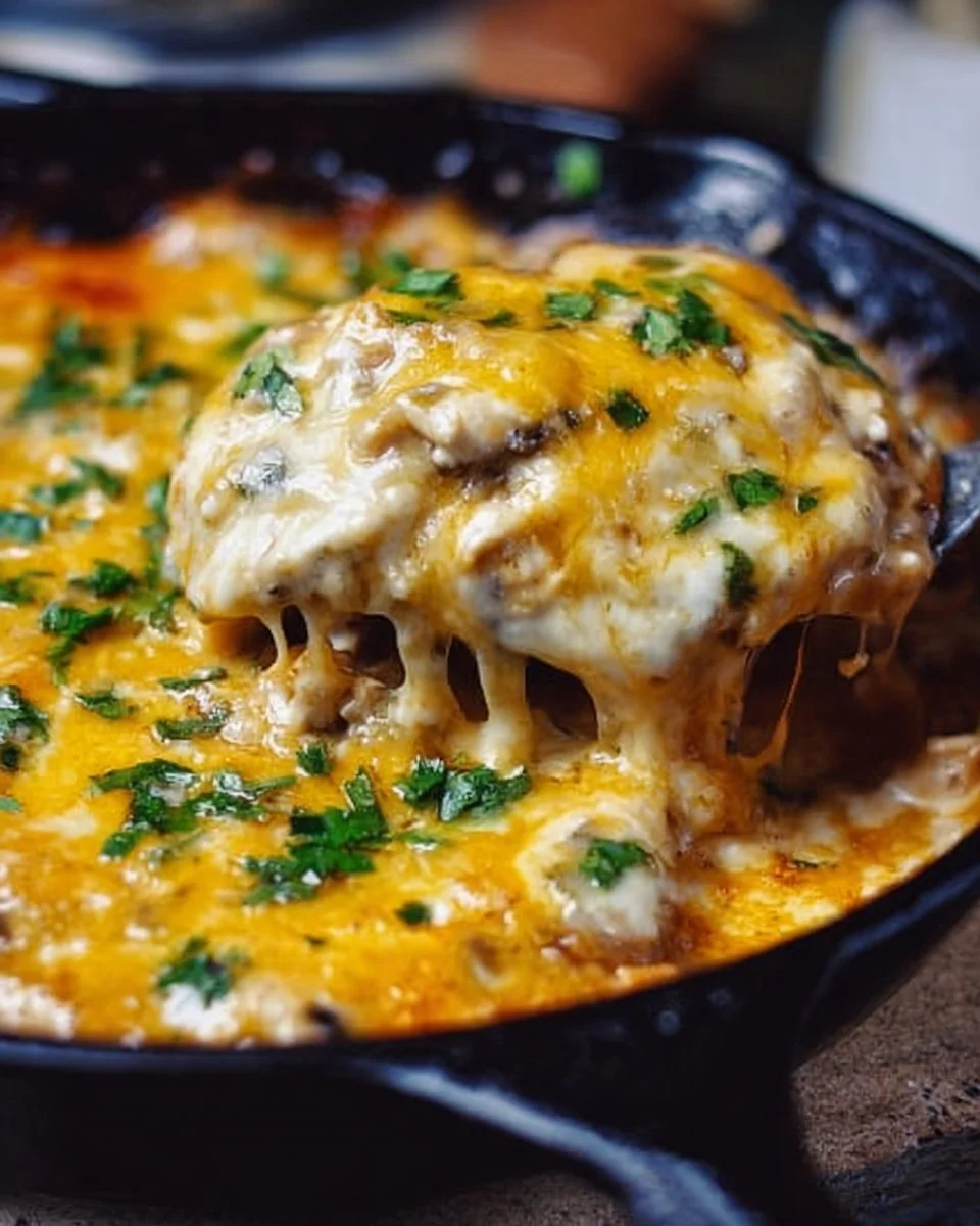 One Pan Sour Cream Chicken Enchilada Skillet topped with cheese and cilantro
