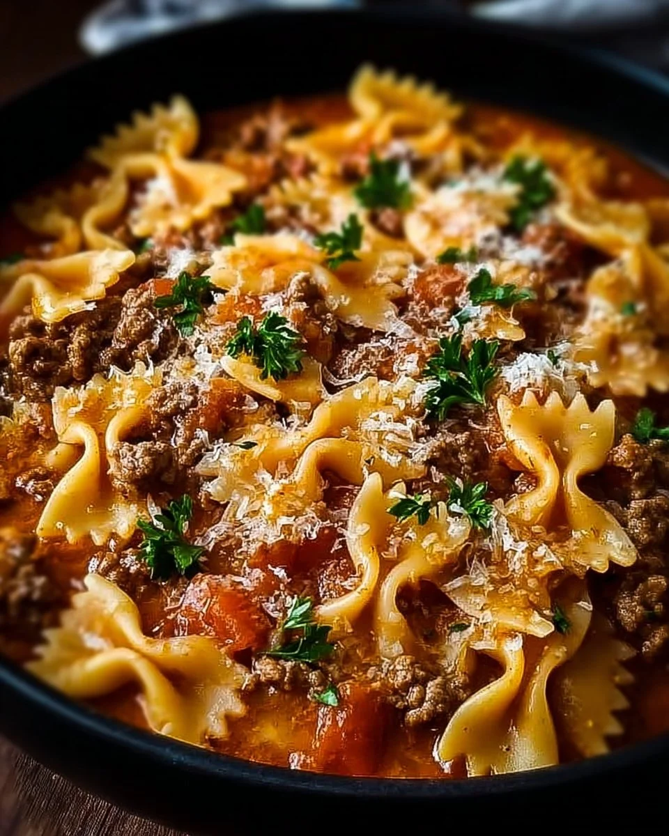 One-pot bowtie pasta dish with ground beef for comforting family meals.
