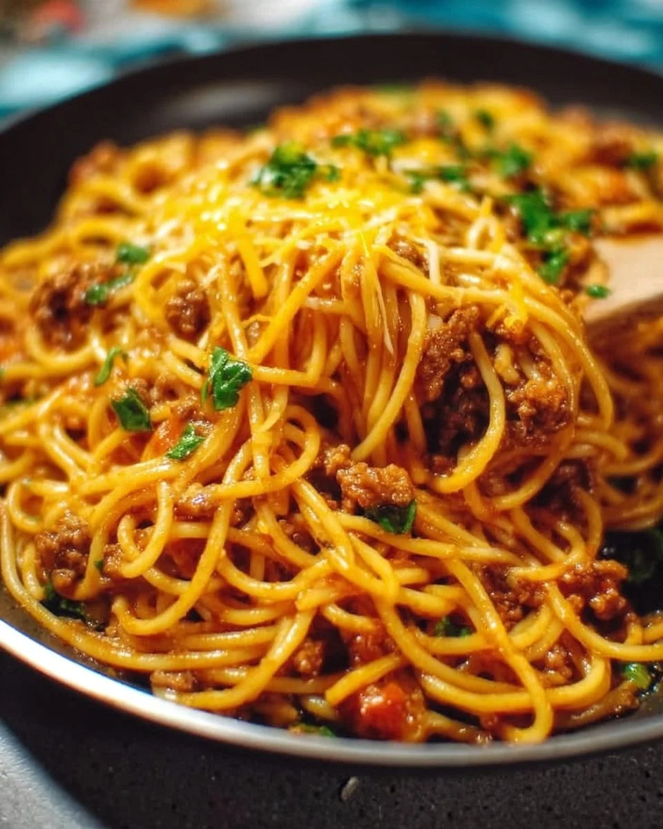 One Pot Taco Spaghetti dish with ground beef, spices, and pasta
