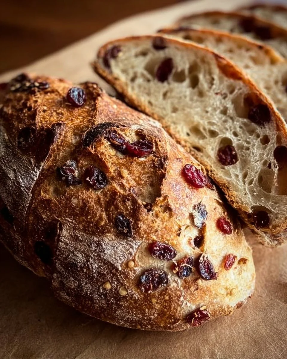 Loaf of orange cranberry sourdough bread on a wooden table