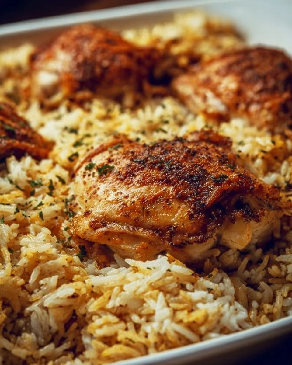 Juicy oven baked chicken served with flavorful rice on a plate