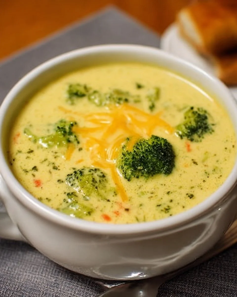 Bowl of Panera Broccoli Cheddar Soup garnished with fresh broccoli and cheese