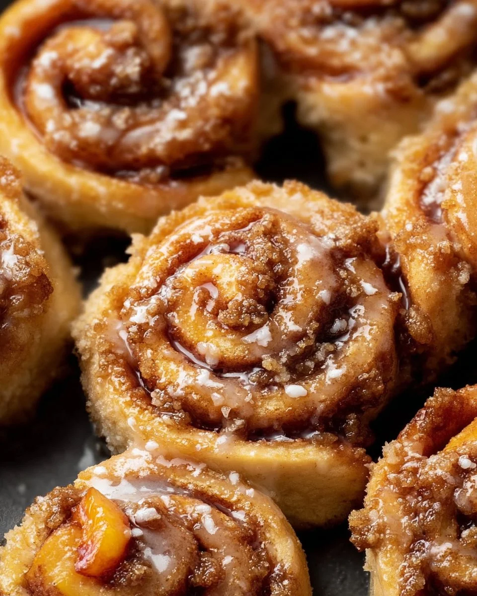 Delicious Peach Cobbler Cinnamon Rolls topped with peach slices and cinnamon.