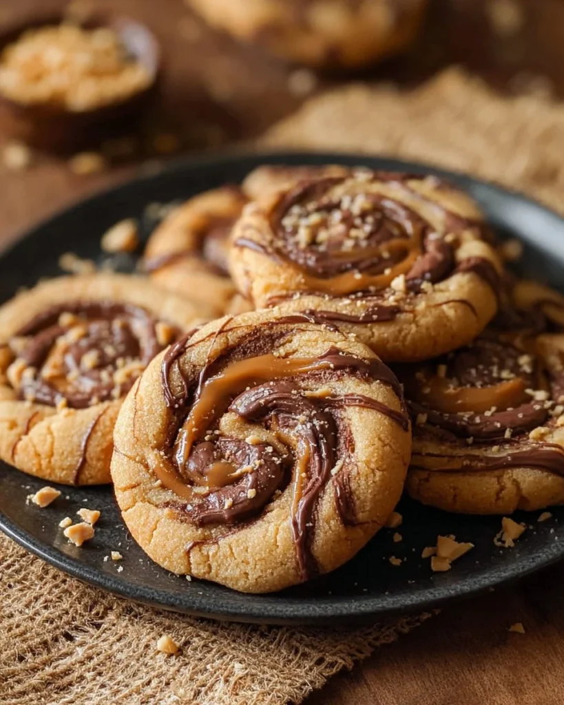 Peanut Butter Hazelnut Swirl Cookies arranged on a platter