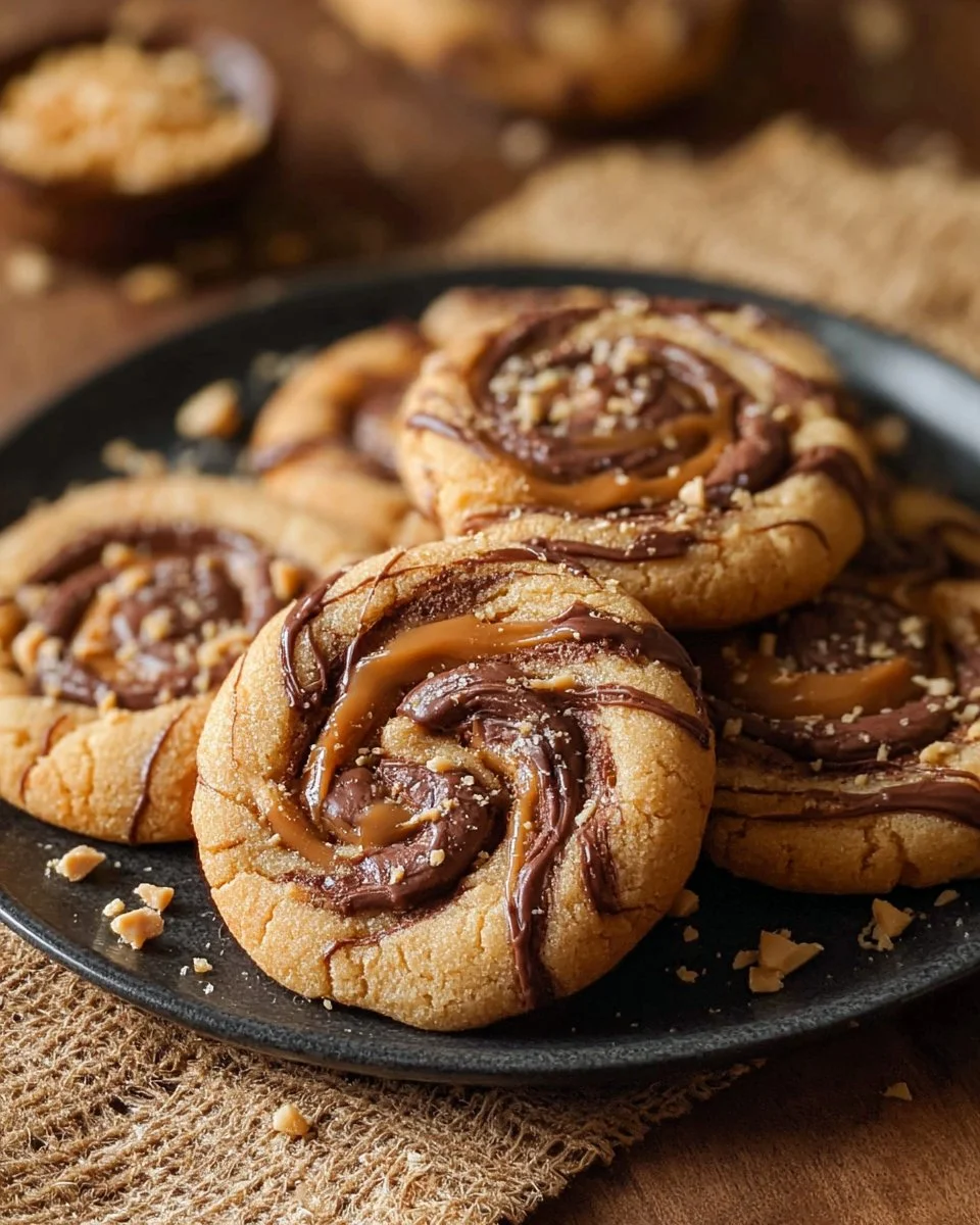 Peanut Butter Hazelnut Swirl Cookies arranged on a platter
