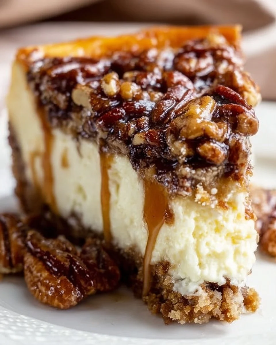 Slice of pecan pie cheesecake topped with caramel and pecans on a white plate