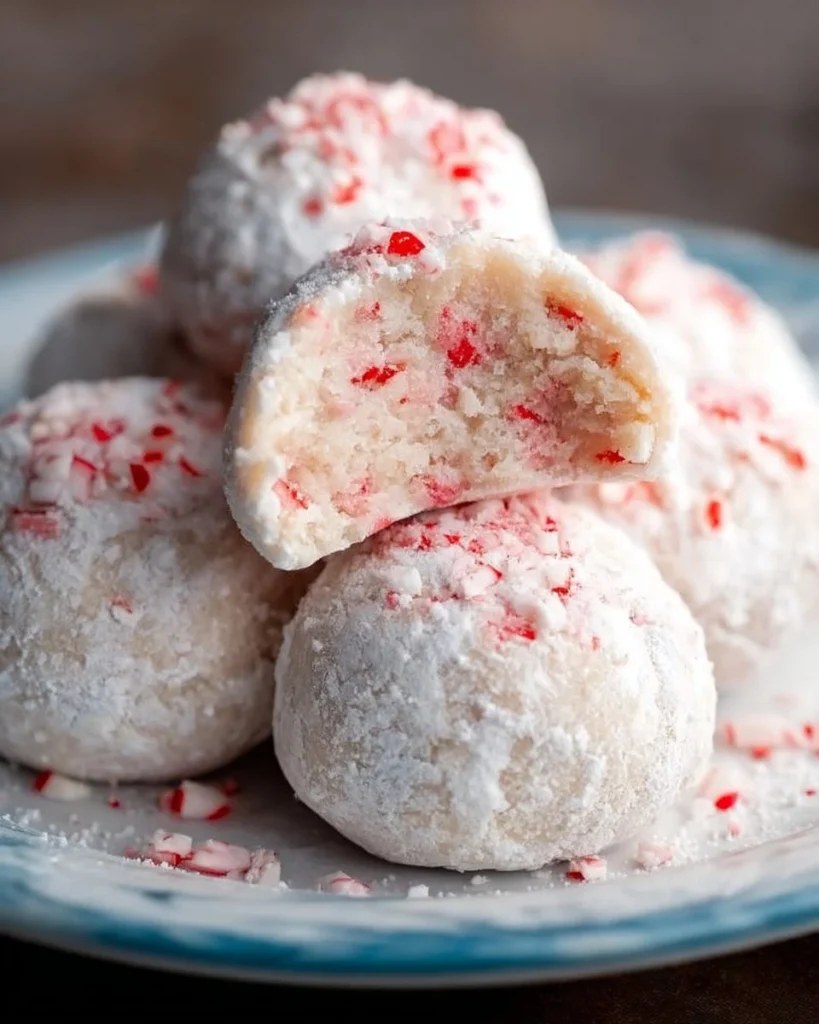 Delicious peppermint snowball cookies dusted with powdered sugar on a festive plate