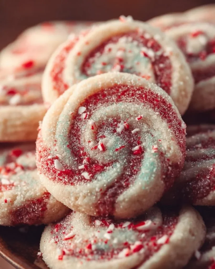 Plate of freshly baked peppermint swirl cookies with festive decorations