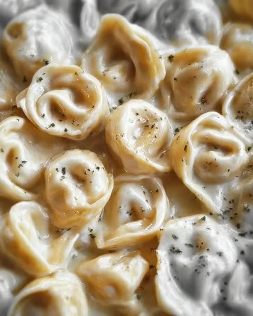Plate of perfect cheese tortellini served with creamy Alfredo sauce