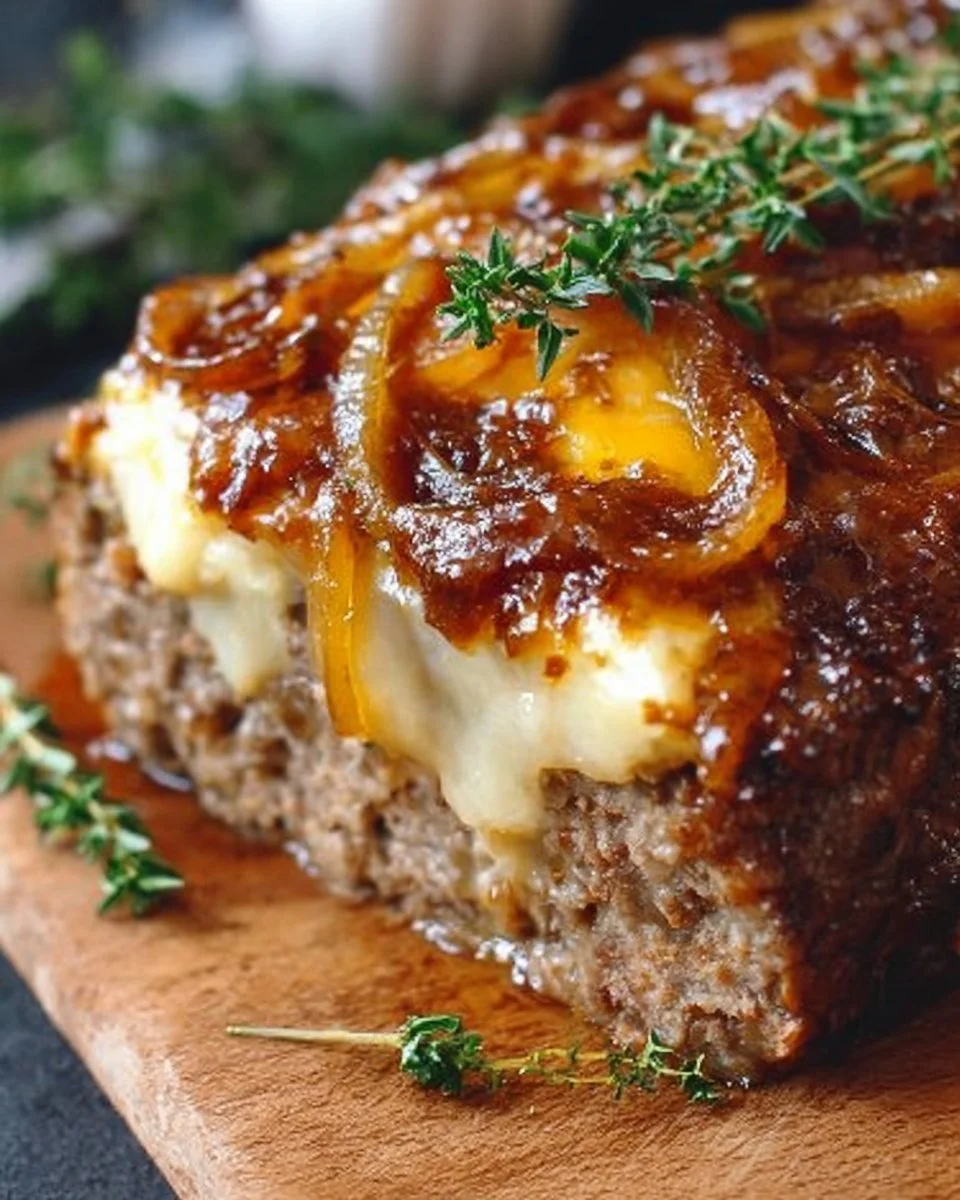 Perfect meatloaf topped with caramelized onion and melted cheese on a plate