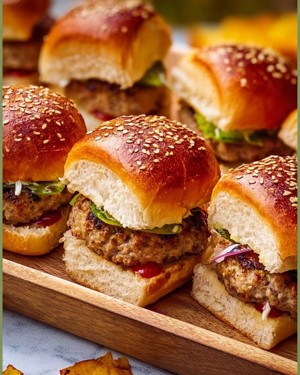 Perfectly juicy turkey burger sliders served on a plate with toppings.