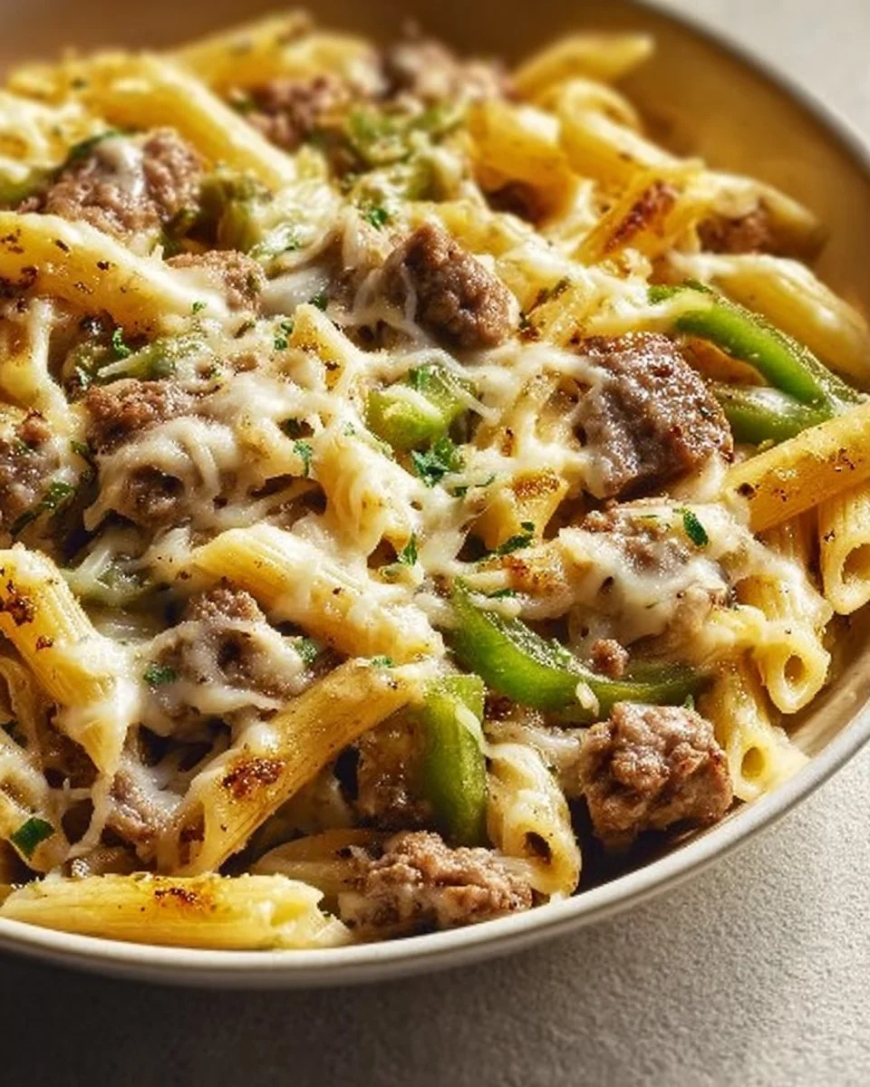 Philly Cheesesteak Pasta dish with cheese and beef served in a bowl