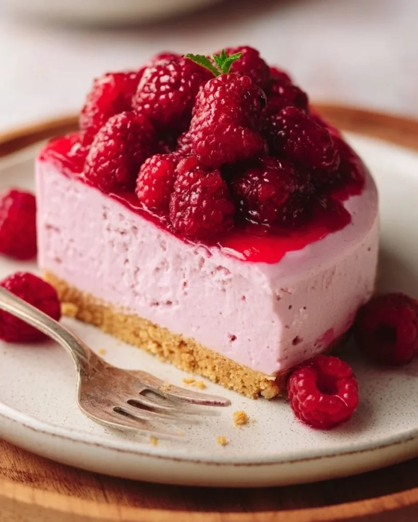 Delicious Pink Velvet Raspberry Cheesecake with a creamy raspberry topping