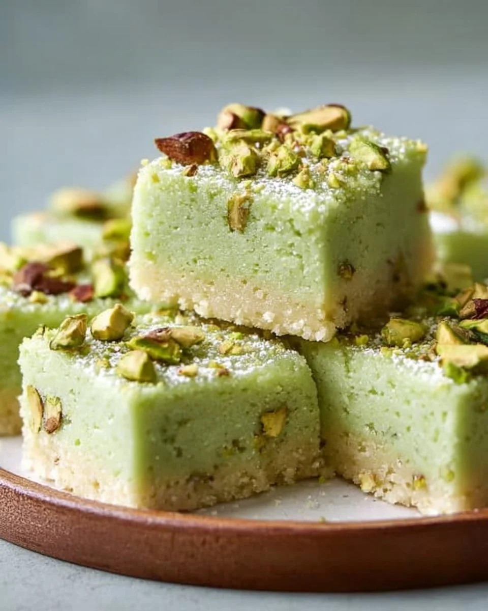 Pistachio pudding sugar cookie bars topped with nuts and green frosting