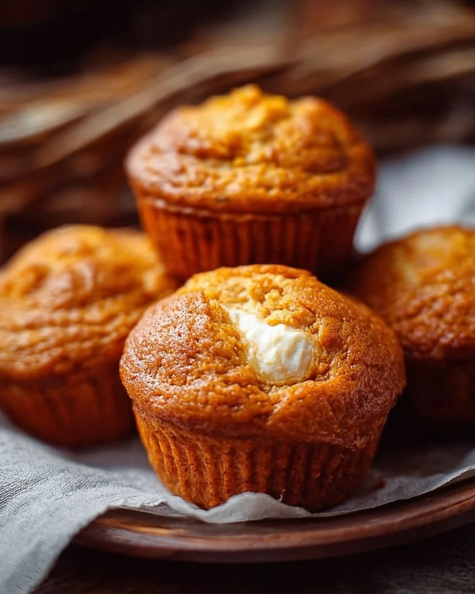 Freshly baked Pumpkin Cream Cheese Muffins with a creamy center.