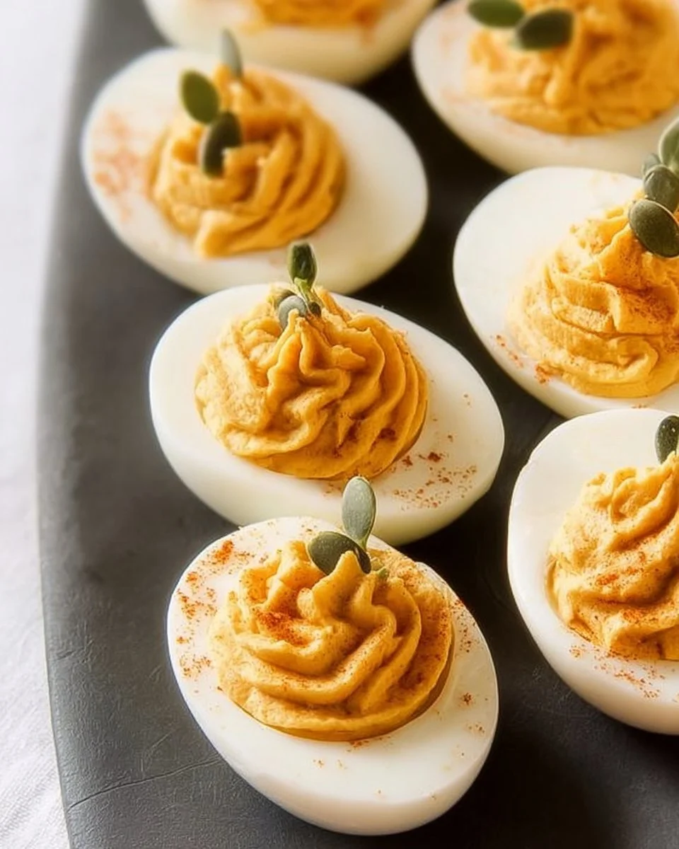 Pumpkin Deviled Eggs garnished with spices, perfect for autumn celebrations.