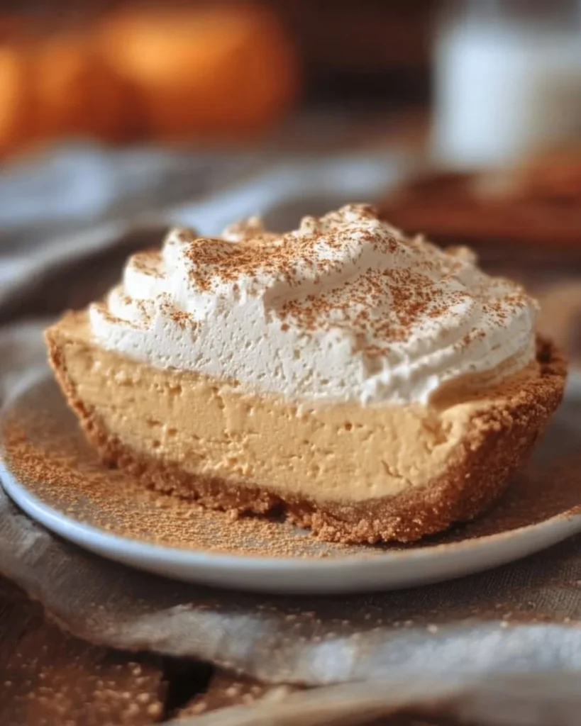 Delicious Pumpkin Fluff Pie topped with whipped cream and spices