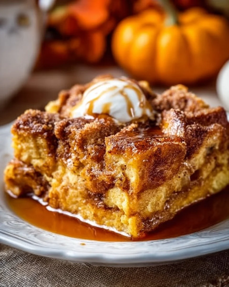 Delicious Pumpkin French Toast Casserole topped with whipped cream and cinnamon.
