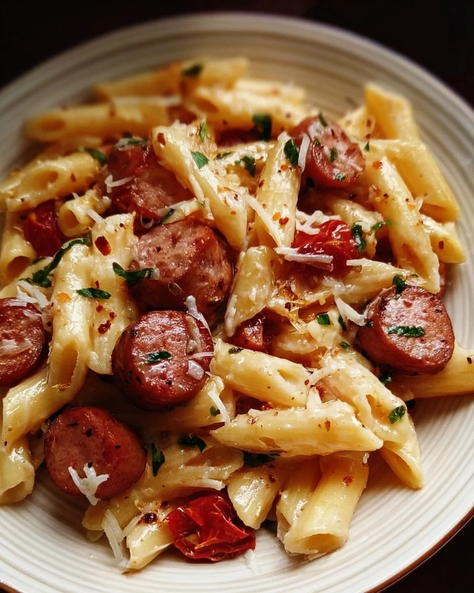 Quick and delicious pasta with smoked sausage served on a plate