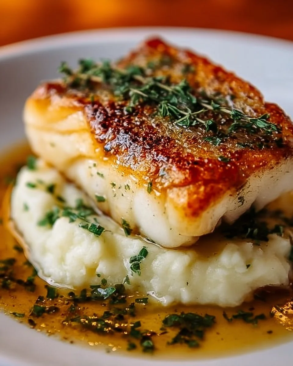 Quick and easy cod fish dish with herb butter on a plate