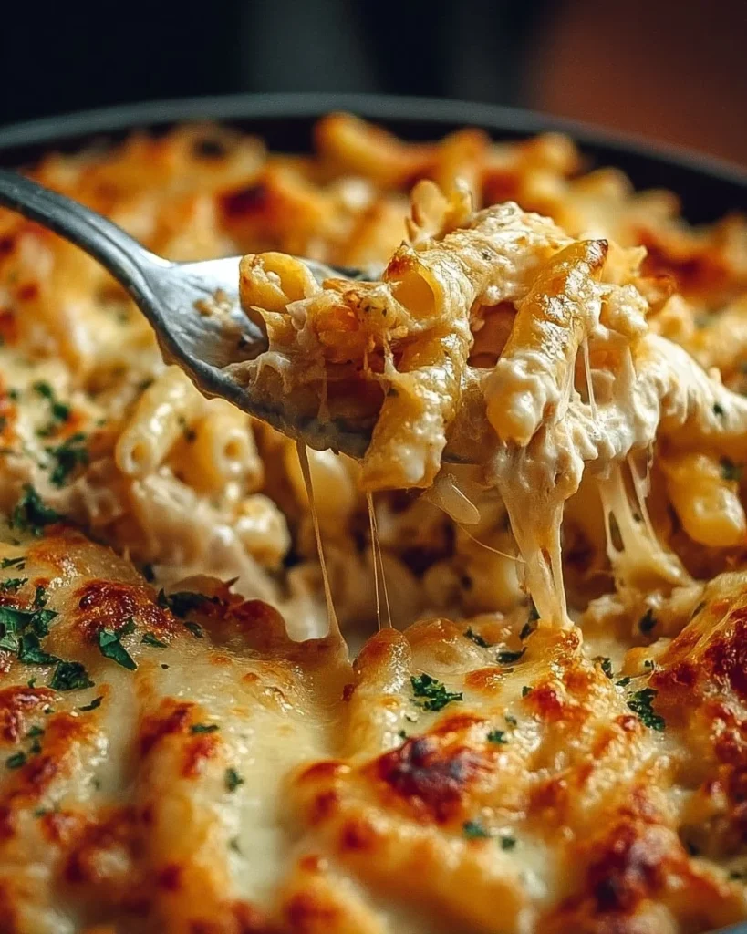 Baked garlic parmesan pasta with creamy sauce and melted cheese in a dish