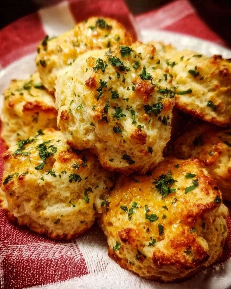 Freshly baked cheese-garlic biscuits on a rustic wooden table