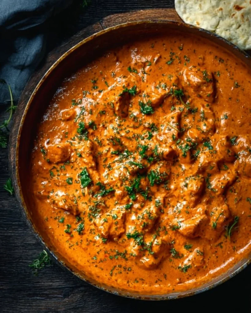 Delicious homemade butter chicken served with rice and garnished with cilantro