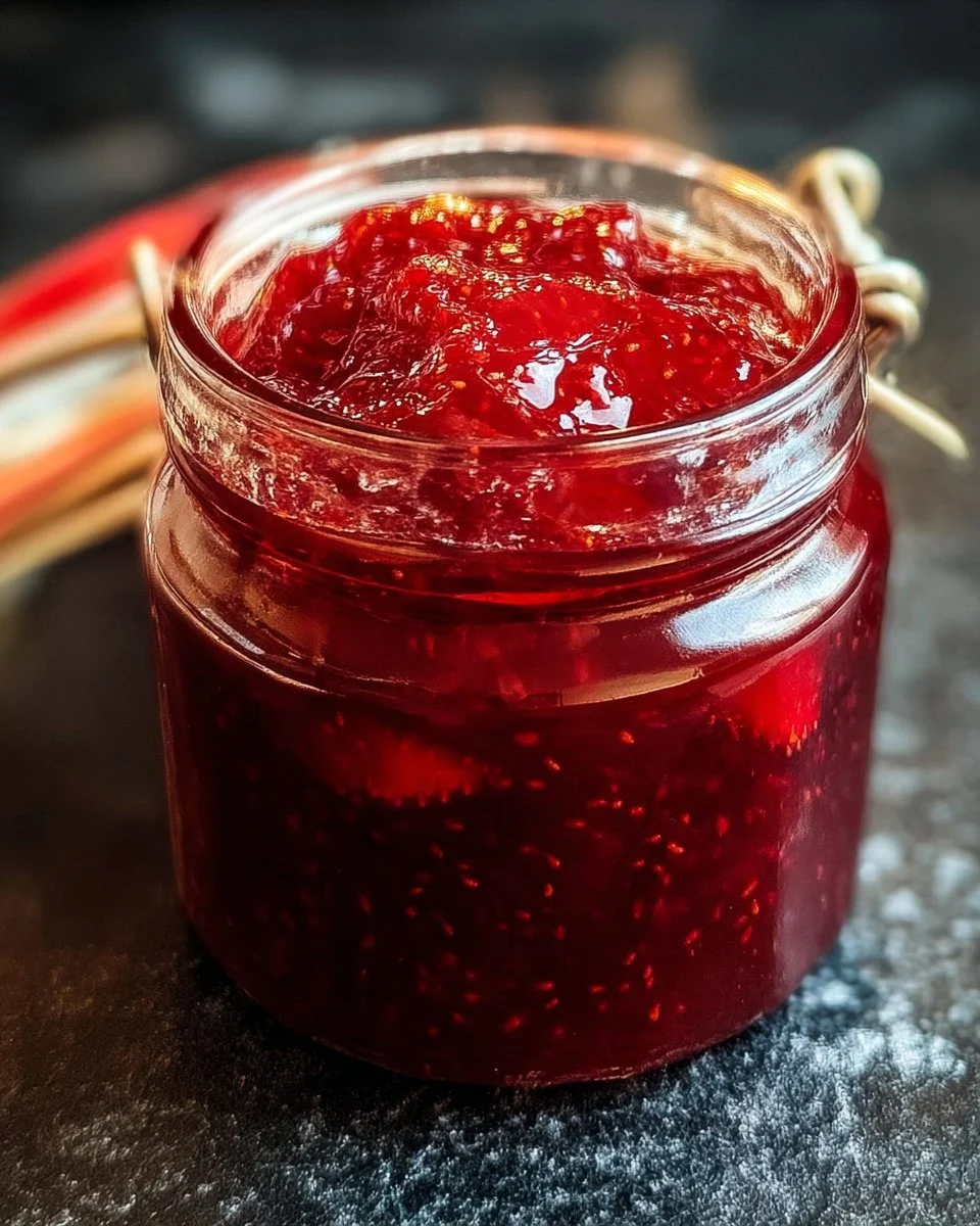 Jar of quick homemade strawberry jam with fresh strawberries and bread.
